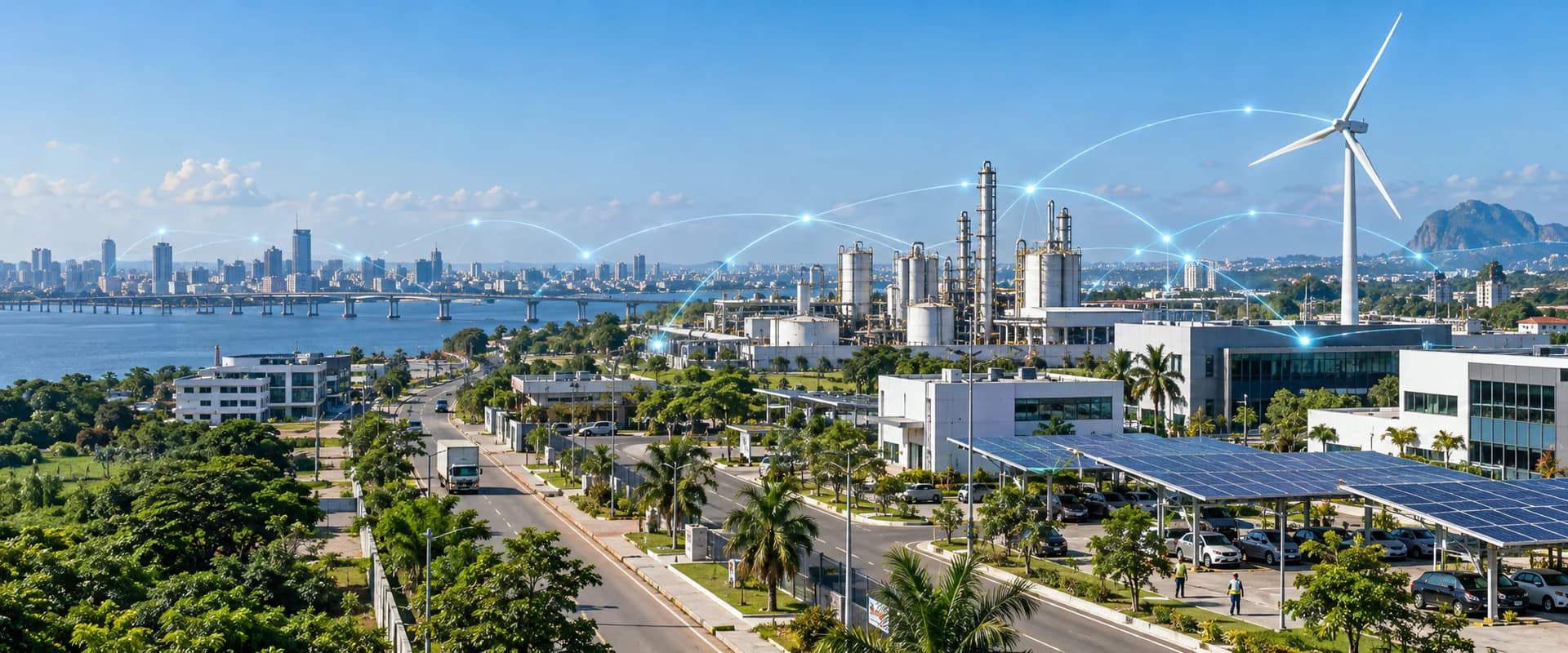 Illustration of connected city infrastructure, industrial automation and renewable energy