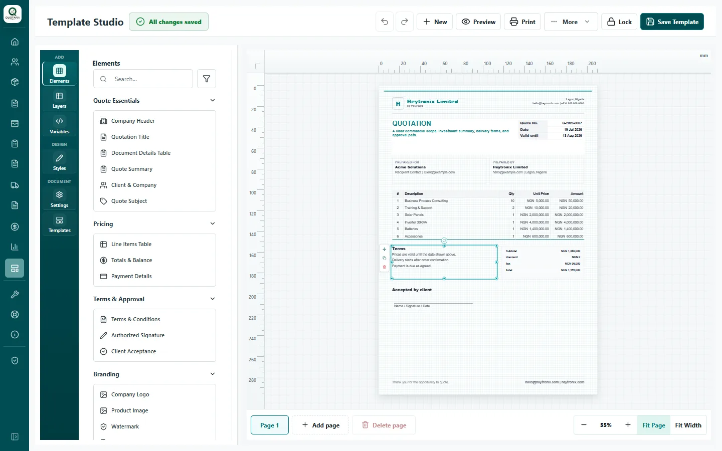 Quotara Pro Template Studio editor