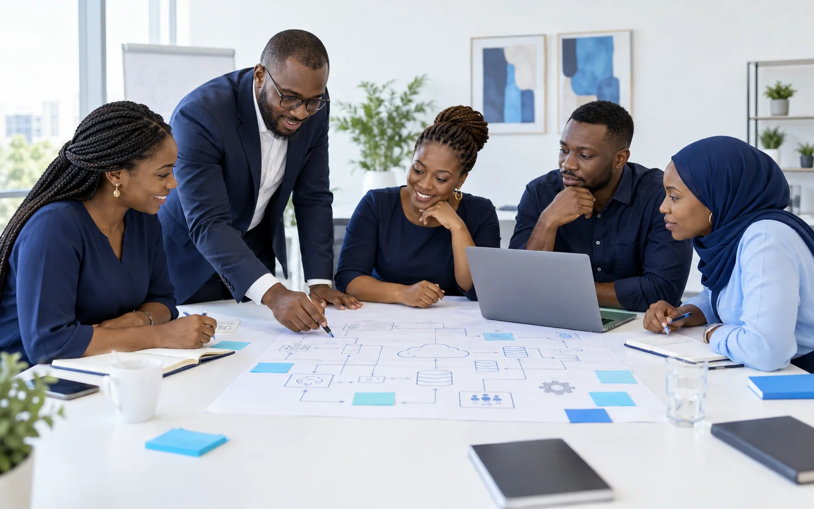 Illustrative scene of an engineering and business team shaping a technology programme together