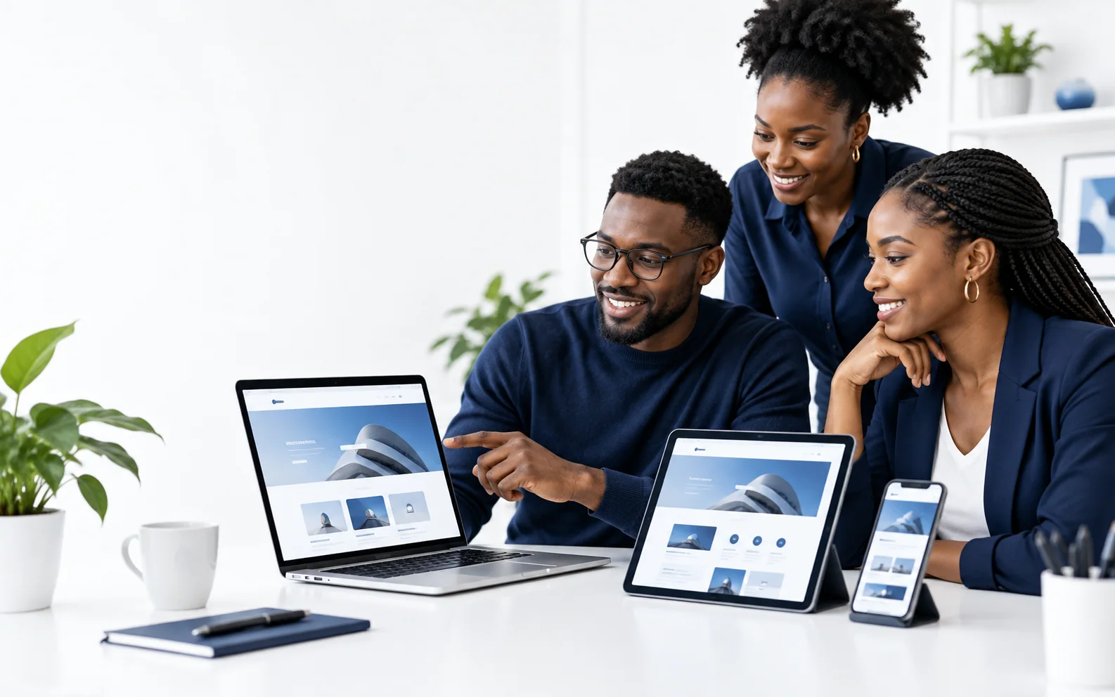 Illustrative scene of a business team reviewing responsive website designs across a laptop, tablet and phone