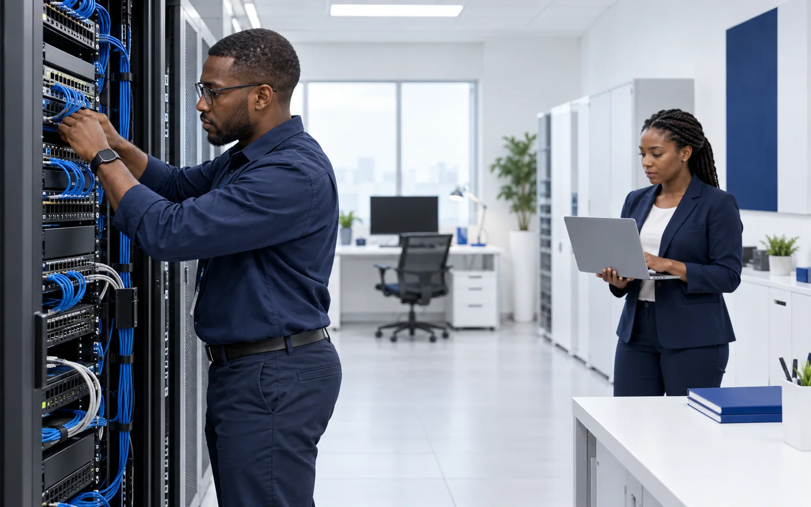 Illustrative scene of two infrastructure engineers configuring a clean office network rack